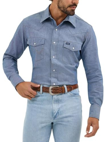 Wrangler Camicia a maniche lunghe, da uomo, per lavoro, in stile cowboy del West, kaki Chambray Blue XX-Large