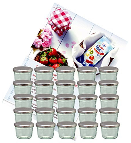 MamboCat 25er Set Sturzglas 230 ml Marmeladenglas Einmachglas Einweckglas to 82 silberner Deckel incl. Diamant-Zucker Gelierzauber Rezeptheft