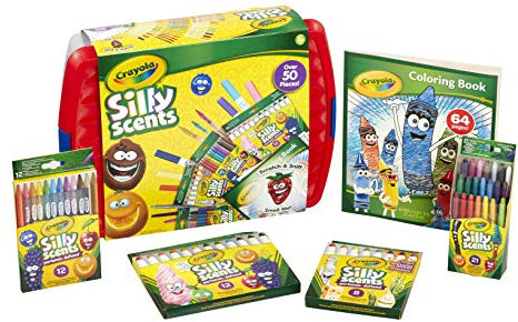 CRAYOLA Silly Scents Colouring Tub - Over 50 Scented Crayons, Markers & Pencils (Including a 64 Page Colouring Book) | Ideal for Kids Aged 3+