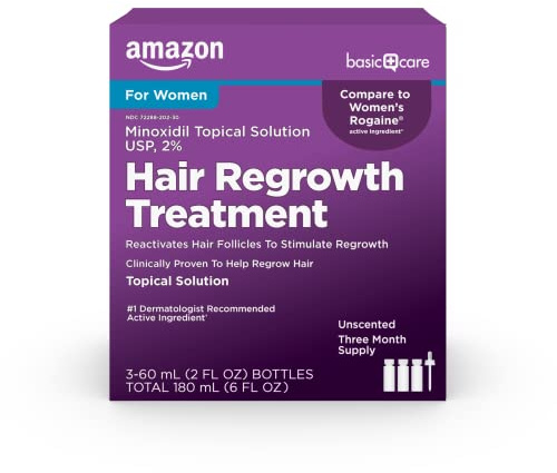 Amazon Basic Care Minoxidil Topical Solution, 2 Percent, Hair Regrowth Treatment For Women, 6 Ounce