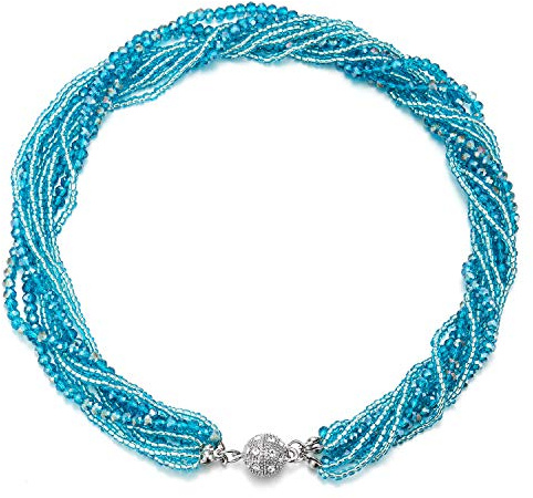 COOLSTEELANDBEYOND Azul Turquesa Statement Collar Colgante Multi Capas Cuentas Cristal Trenzado Cadena Gargantilla Choker Cierre Magnético