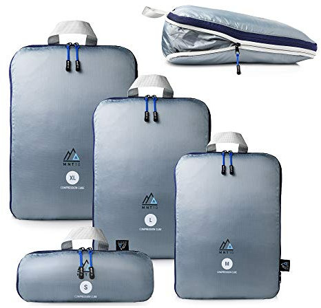 MNT10 Packtaschen Set mit Kompression S, M, L, XL I Packwürfel mit Schlaufe als Koffer-Organizer I leichte Kompressionsbeutel für den Rucksack I Kleidertaschen als Gepäck Organizer (1x 4er-Set)