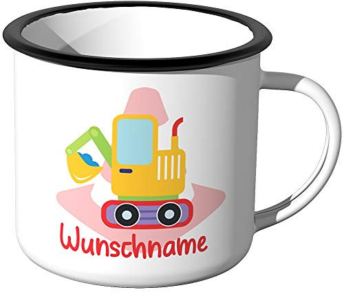 JUNIWORDS Emaille-Tasse mit Wunschname, Raupenbagger Bagger, Silberner Tassenrand