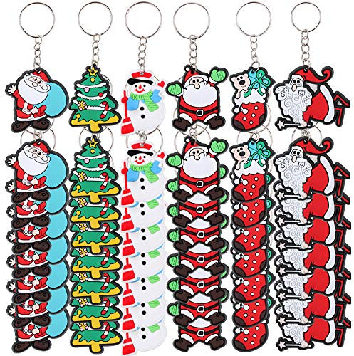 FLOFIA 48 Stk Weihnachten Schlüsselanhänger Cartoon Weihnachten Deko Anhänger PVC Christmas Keychain Weihnachtsmann Weihnachtsbaum Anhänger 6 Stil Party Mitgebsel Geschenke Adventskalender Füllung