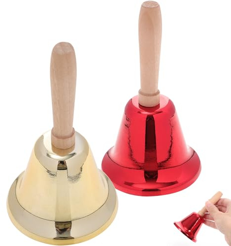Amosfun Weihnachtsglocke mit Holzgriff, Weihnachtsglocke für Kinder, Weihnachten, Schule, Hochzeit, Festival, Zubehör, 2 Stück (goldfarben + rot)