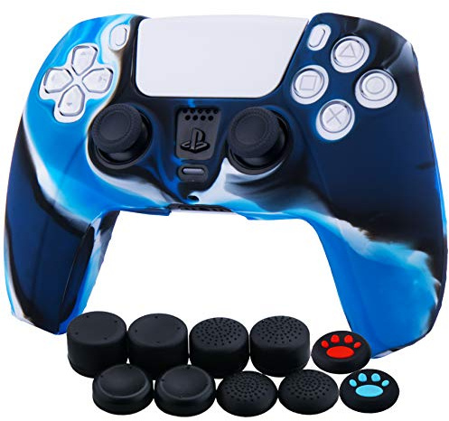 YoRHa Silikon Hülle Skin Case für PS5 Controller (Tarnblau) x 1 mit Aufsätze Kappen x 10