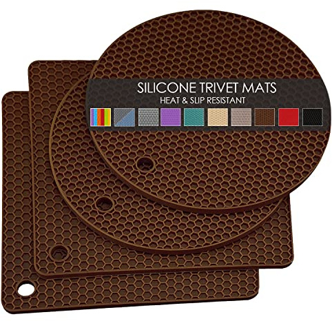 4 Pack Silicone Trivet Mats, Heat Resistant Hot Pot Holders and Pads for Kitchen Countertop, Non-Slip Brown Trivets for Pots and Pans, Hot Plate Coffee Mat