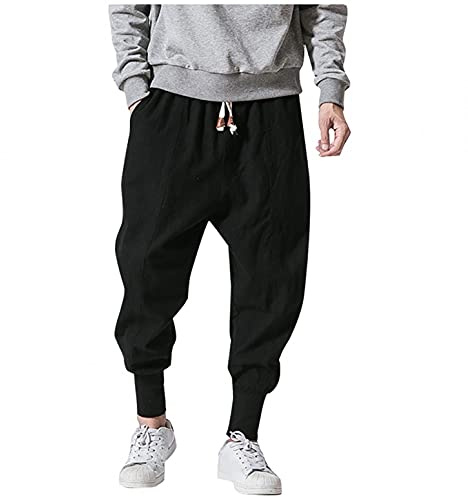 Walaka Pantalon de Jogging Cargo Harem Streetwear Hommes Sarouel Style Japonais Pantalon en Lin décontracté Homme Pantalon de Jogging Pantalon Baggy Chinois