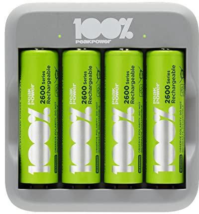 Caricabatterie per Pile Ricaricabili AA e AAA | 100% PEAKPOWER| Include 4 Batterie AA Ricaricabili NimH da 2300 mAh