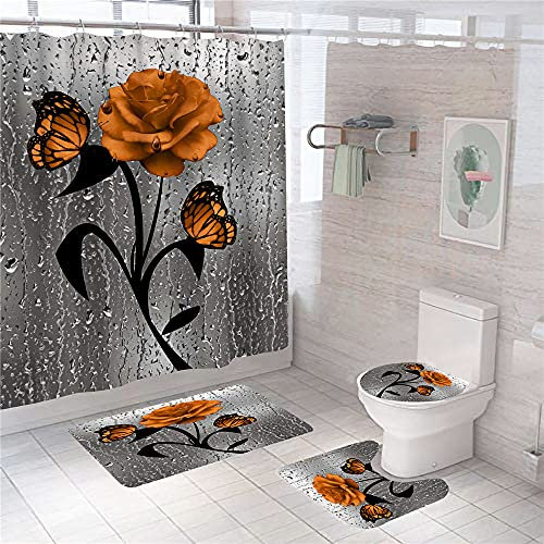 Hearda Juego de 4 Cortinas de Ducha Antideslizantes 3D Rosa Impresión para Baño + Tapa de Inodoro + Alfombras + Alfombrilla de Baño + Cortina de Ducha con 12 Ganchos (4PC,Flor Naranja)