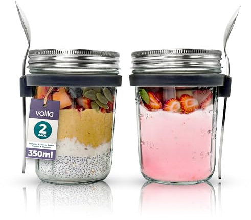 volila Overnight Oats Contenitore 350ml - Pack de 2 Vaso Cristal Con Tapa para Avena, Yogurt, Fruta, Set para Tarro Cristal Hermetico con tapa