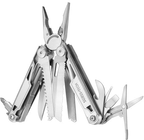 Swiss+Tech Alicate Multiuso 16 en 1, Navaja de Acero Inoxidable con Bolsa Oxford, Multiherramienta Plegable, Multifunción Sierra para Acampada y Senderismo, etc