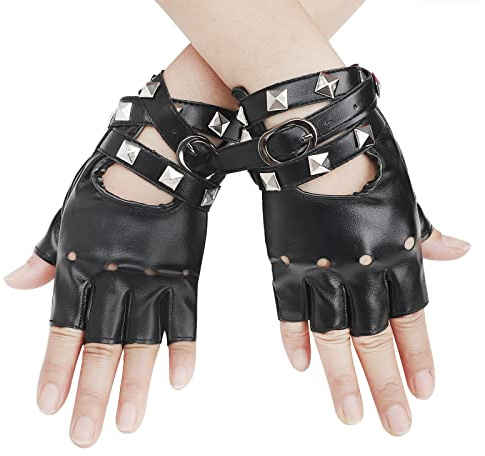 FakeFace Damen Herren Fingerlos Handschuhe mit Schleife Punk Hip Hop Half-Fingerhandschuhe Fäustlinge aus PU Leder für Bühnenauftritte, Party, Club, Festivals, Halloween