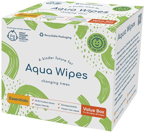 NEW Aqua Wipes Essentials Baby Wipes - Biodegradable and plastic free sensitive baby wipes with 99.6% purified water. Suitable for newborn onwards (Carton of 12 Packs of 56, Total 672 Wipes)