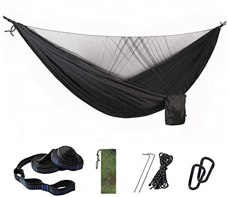 LUCBEI Schaukel Camping Hängematte, tragbare Hängematte mit Netz- und Baumriemen, leichte Fallschirm-Nylon-Hängematte for Rucksack Schaukelsitz (Color : Schwarz)