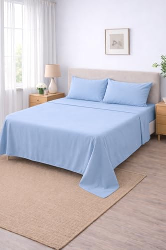 Completo Letto Lenzuola in Cotone, Qualità Made in Italy - PURO COTONE 100% Morbido e Traspirante in ogni Stagione - SET Lenzuolo Sotto con Angoli, Sopra e 1 Federa (Celeste, Una piazza e mezza)