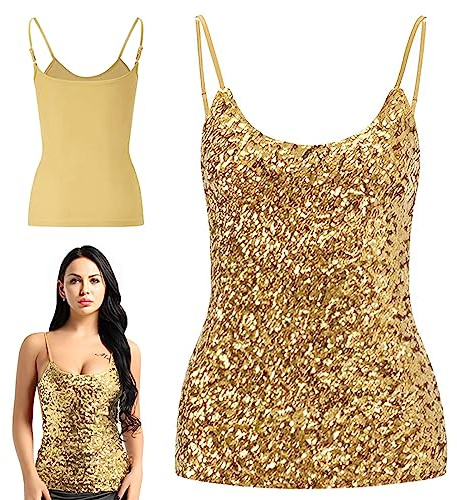Morices Women's Sequin Tops, Sleeveless Glitter Camisole Vest, Adjustable Straps Daily Halter Tank Tops Blouse Tshirts for Night Club Party Performance Costume Gold