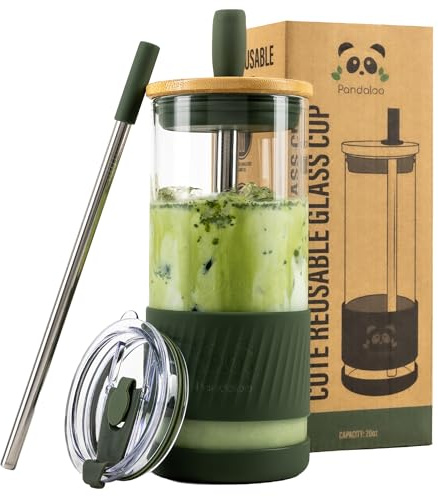 Pandaloo® Glass Cups With Lids and Straws -20 Fl Oz- Perfect Size Iced Coffee Cup - Smoothie Cup With Bamboo Lid and On the go Lid - Glass Tumbler With Straw (1 Count (Pack of 1), Mediterranean Olive)