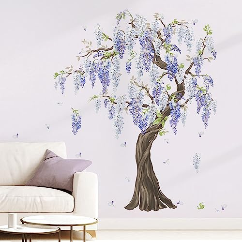 wondever Wandtattoo Baum Groß Blumen Lila Wandsticker Hängende Blumenranke | Abziehen und Aufkleben, Abziehbar, Wandaufkleber Selbstklebend für Schlafzimmer Wohnzimmer Flur Sofa Hintergrund Wanddeko