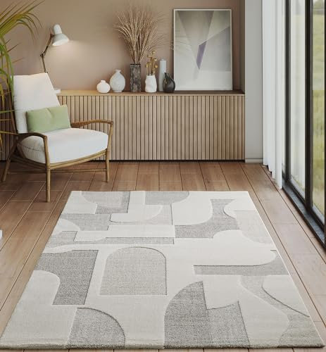 the carpet Everest - moderner Kurzflor Teppich Wohnzimmer Schlafzimmer mit Hoch-Tief-Effekt, 3D Effekt, hohe Flordichte und angenehm weich, Geometrisches Design, Creme, 80 x 150 cm
