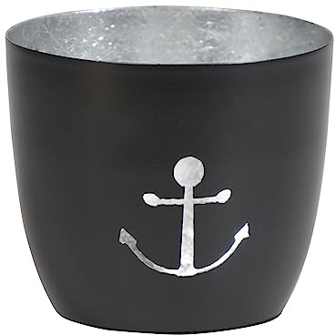 Maritimes Windlicht Baltic – Metall mit Motiv – Anker, schwarz, Silber | 10 x 10 x 8,5 cm – für Teelichter & Stumpenkerzen – Haus, Garten, Balkon, Terrasse – Licht- & Schattenspiele – Seaside No.64