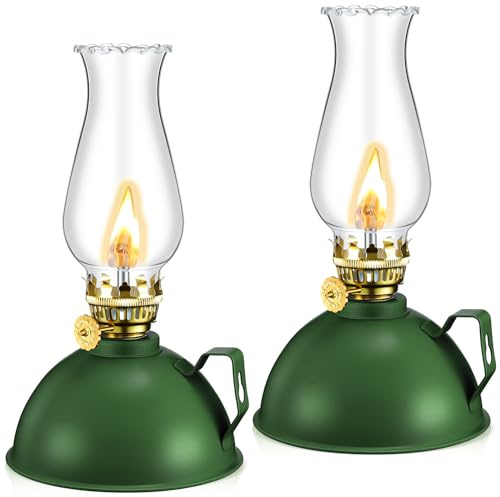 Retisee Oil Lamp Indoor Rustic Kerosene Lamp Lantern Metal Glass for Indoor Vintage Glass Clear Kerosene with Oil Wick for Use Home Decor Lighting(2 Pieces,Green)