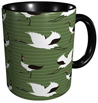 RFSHOP Tazas de café de cerámica japonesas con patrón de grulla verde, taza de viaje de 11 onzas, taza de té para oficina y cocina en casa
