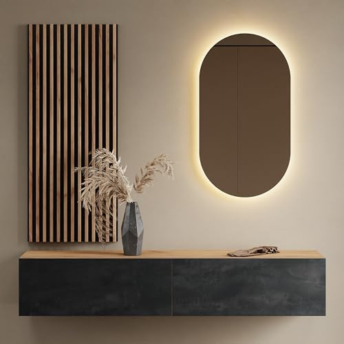 Planetmöbel Flur Möbel Garderobe 1x 160cm | Gold Eiche/schwarz Charcoal, Wandpaneel 50cm Gold Eiche/Anthrazit mit Spiegel 50cm (ohne LED), Wandgarderobe 32,5H x 160B x