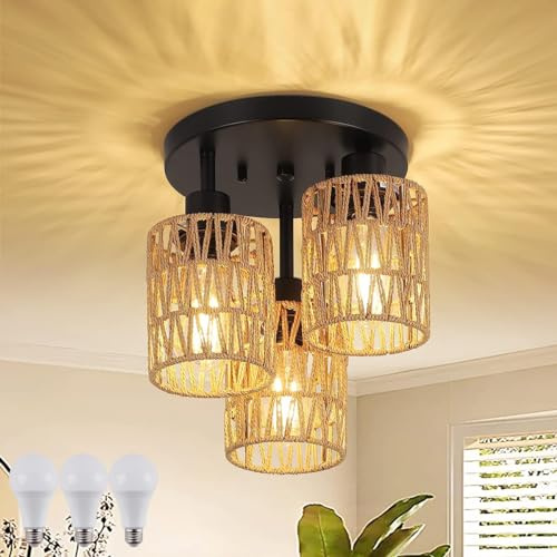 KZT E27 Rattan Deckenlampe Vintage Deckenleuchte mit 3 Flammig Hängeleuchte mit Gewebtem Lampenschirm Boho Hängelampe Rustikal Pendelleuchten für Wohnzimmer Schalfzimmer Küche Balkon Flur