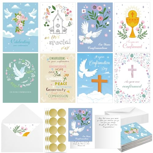 Motipuns 24 Sets religiöse Konfirmationskarten mit Schrift, verschiedene Botschaften und Bibelvers, inspirierende Glückwünsche, Konfirmation, Grußkarten mit Umschlägen für christliche Geschenke, Taufe