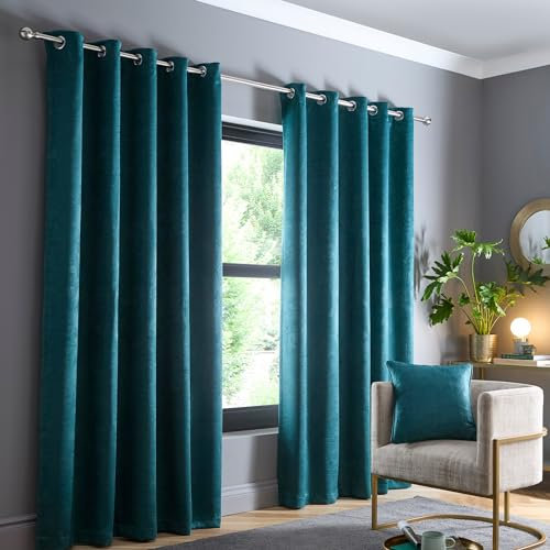 Fusion Strata Forest Green Eyelet Curtains – W46 x L54 (117 x 137cm) – 2 Panels – Thermal Insulated Drapes – Turquoise Window Treatment for Bedroom & Living Room – Soft Fabric – Modern Door Style