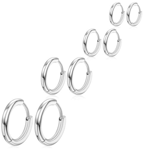 4 Paar Creolen Edelstahl Damen Silber Kleine Hoop Edelstahl Ohrringe Damen Ohrringe Hoop Set Silber Creolen Hypoallergen Kleine Ohrringes für Damen Herren, 6/8/10/12 mm