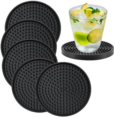 6 PCS Black Thick (0.2inch) Round Silicone Coasters for Mugs, Coffee, Beer - Non-Slip, Durable & Easy Clean