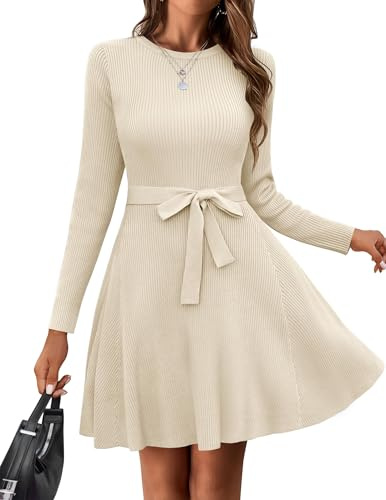 Hotouch Strickkleid Damen Winter Langarm Rundhals Midikleid Elegant Winterkleid Mit Gürtel A-Linie Pulloverkleid Für Herbst Und Winter Beige S