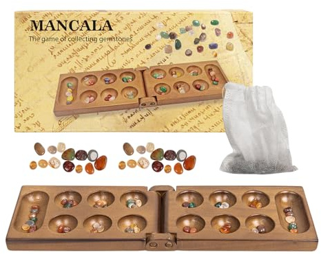 WodGod Classic Mancala Game | Premium Wooden Mancala Board with Colorful Glass Stones | Strategic Board Game for Family and Friends
