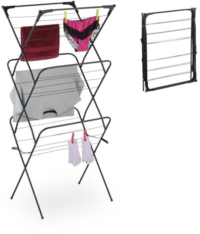 Relaxdays Wäscheständer, klappbar, 18 Stangen, 136x62x51 cm, innen, Metall, platzsparender Turmwäscheständer, schwarz