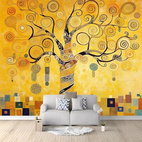 Wall Mural Photo Wallpaper Golden Tree of Life Klimt Style 200x140 cm Poster Mural HD 3D Print Non-Woven Photo Wallpaper, Modern Living Room Bedroom TV Backdrop Wall Decoration