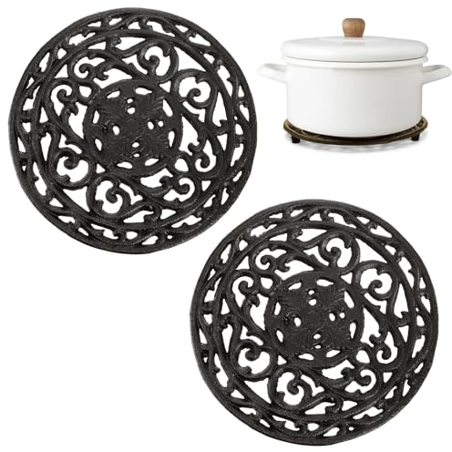 Nagpew 2 Pack Cast Iron Trivet, 8 Inch Round Metal Trivets with Rubber Feet Caps, Rustproof Heat Resistant Hot Pot Plate Stand Holder Mat Pad for Kitchen, Dining Table, Countertop