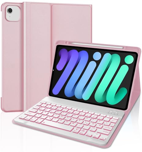 WINCHKING Funda con teclado para iPad Mini 6 - Teclado Alemán Bluetooth, Funda de Teclado Magnética Desmontable Iluminada iPad Mini 7 (Iluminación Rosa)