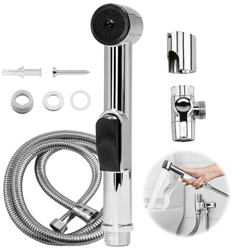 Handheld Bidet Sprayer Kit Stainless Steel Easy to Install Shattaf Muslim Shower with 1.5m Hose T-Adapter Leak Proof for Personal Hygiene Feminine Wash Baby Cloth Diaper Cleaning Pet Bath Bathroom