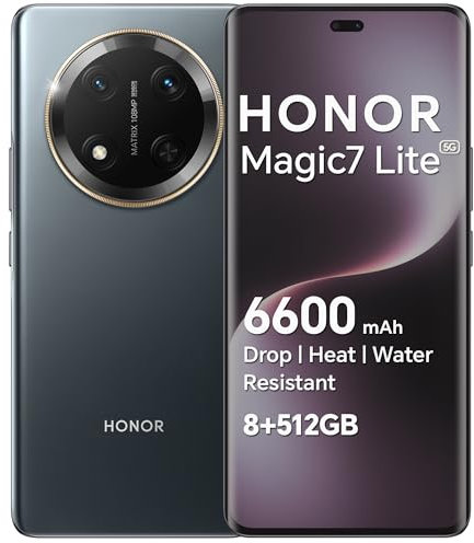 HONOR Magic7 Lite Smartphone 5G Android 14 Dual SIM NFC, 8GB RAM 512GB, 6600 mAh, 6.78 pollici AMOLED Display,Drop/Water/Heat-Resistente,108 MP, esperienza intelligente AI, Titanium Black