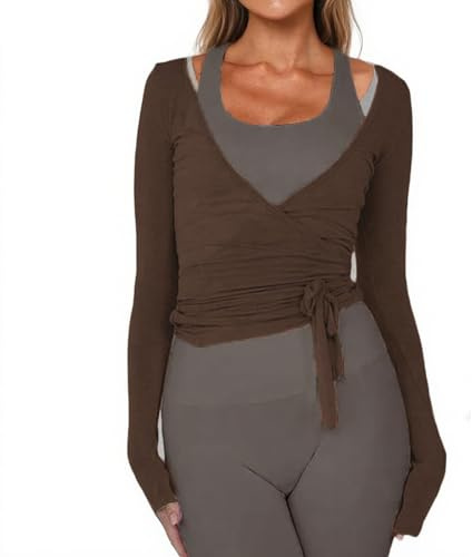 Women Wrap Tie Top Y2k Long SLeeve Ballet Workout Yoga Shirt Coquette Blouses (US, Alpha, Small, Regular, Regular, Brown)