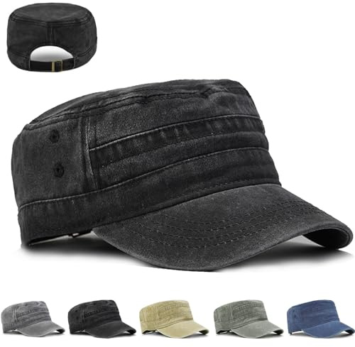 LUKIUP Cadet Army Military Flat Top Caps, Vintage Baseball Cap, Begagnad Look justerbar taktisk mössa, Basecap för kvinnor och män presenter för kvinnor och män utomhusaktiviteter, svart, 55-59
