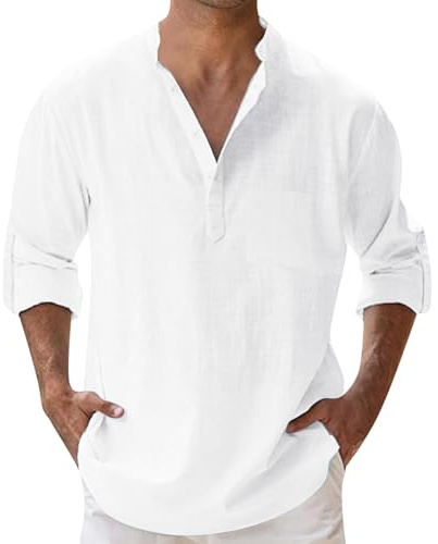 Leinenhemd Herren Langarm Sommerhemd Baumwolle Leinen Hemd Sommer Freizeithemd Ohne Kragen Button-Down Casual Henley Shirt mit Tasche Strandhemd Outdoor Regular Fit