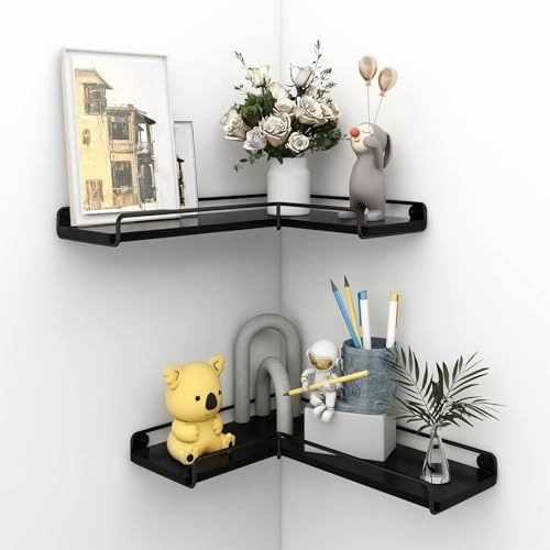 LN COZY CORNER Corner Floating Shelves Set of 2 Rustic Wooden Wall-Mounted L-Shaped Shelves with Metal Brackets Space-Saving Storage for Bathroom Living Room Bedroom Kitchen (Black)