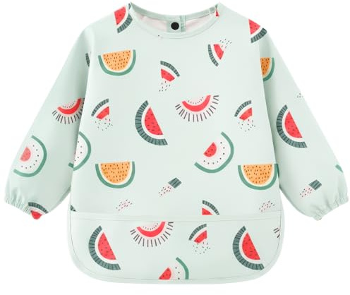 AOOTE Babero de Destete de Manga Larga,Babero con Mangas Impermeable,Babero con Mangas Bebé Manga Larga,Impermeable y Fácil de Limpiar y Lavable a Máquina,Ajuste Ajustable,Unisex para 6-12 Meses