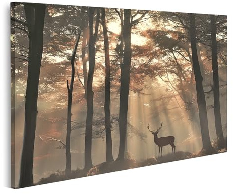 islandburner Bild auf Leinwand Hirsch Im Morgendunst Zwischen Den Bäumen Bilder Wandbilder Poster