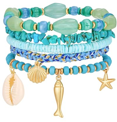 WOWORAMA 5 Teiliges Perlenarmband Set für Damen Gold Muschel Fisch Charm Armband Blau Stapelbar Sommer Surfer Armbänder Boho Mehrlagige Strang Armbänder
