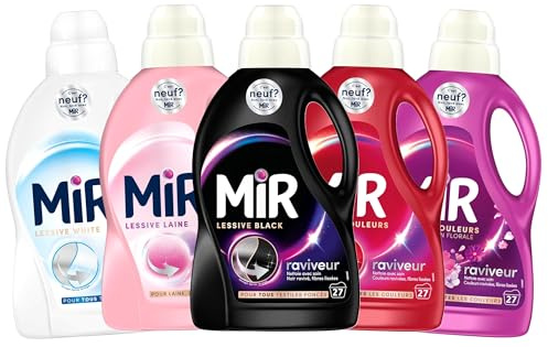 Mir Lot de 5 Lessives Liquides – Blanc, Noir, Couleur, Explosion Florale, Laine – Soin Complet du Linge – Format Économique