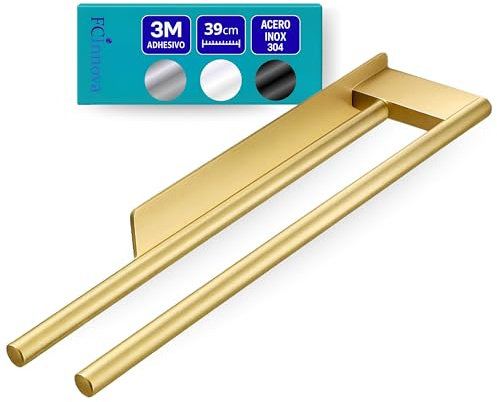 FCINNOVA Toallero Adhesivo Baño Dorado Cepillado Doble de 43cm y Acero Inoxidable 304 Estos Toalleros de Baño Sin Taladro Son de Facil Instalación y resitente fiajación Adhesiva Elegantes y Versatiles
